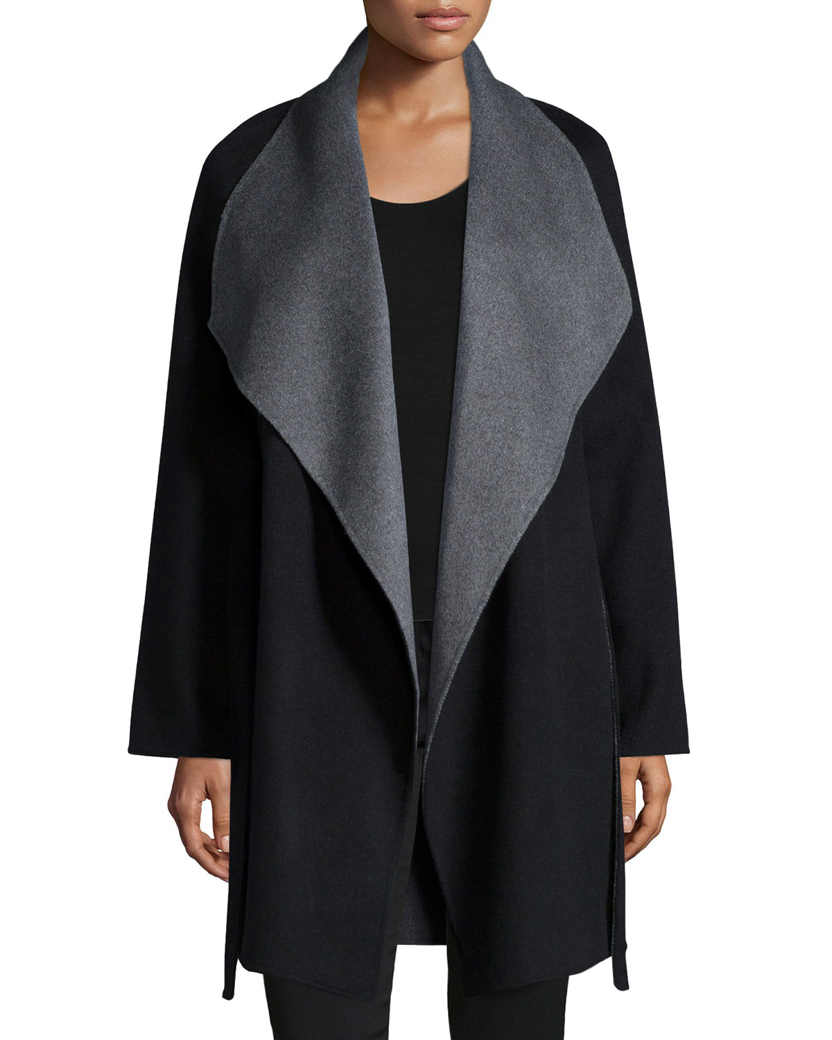 Lyst - Neiman Marcus Cashmere Double-face Two-tone Wrap Coat in Black