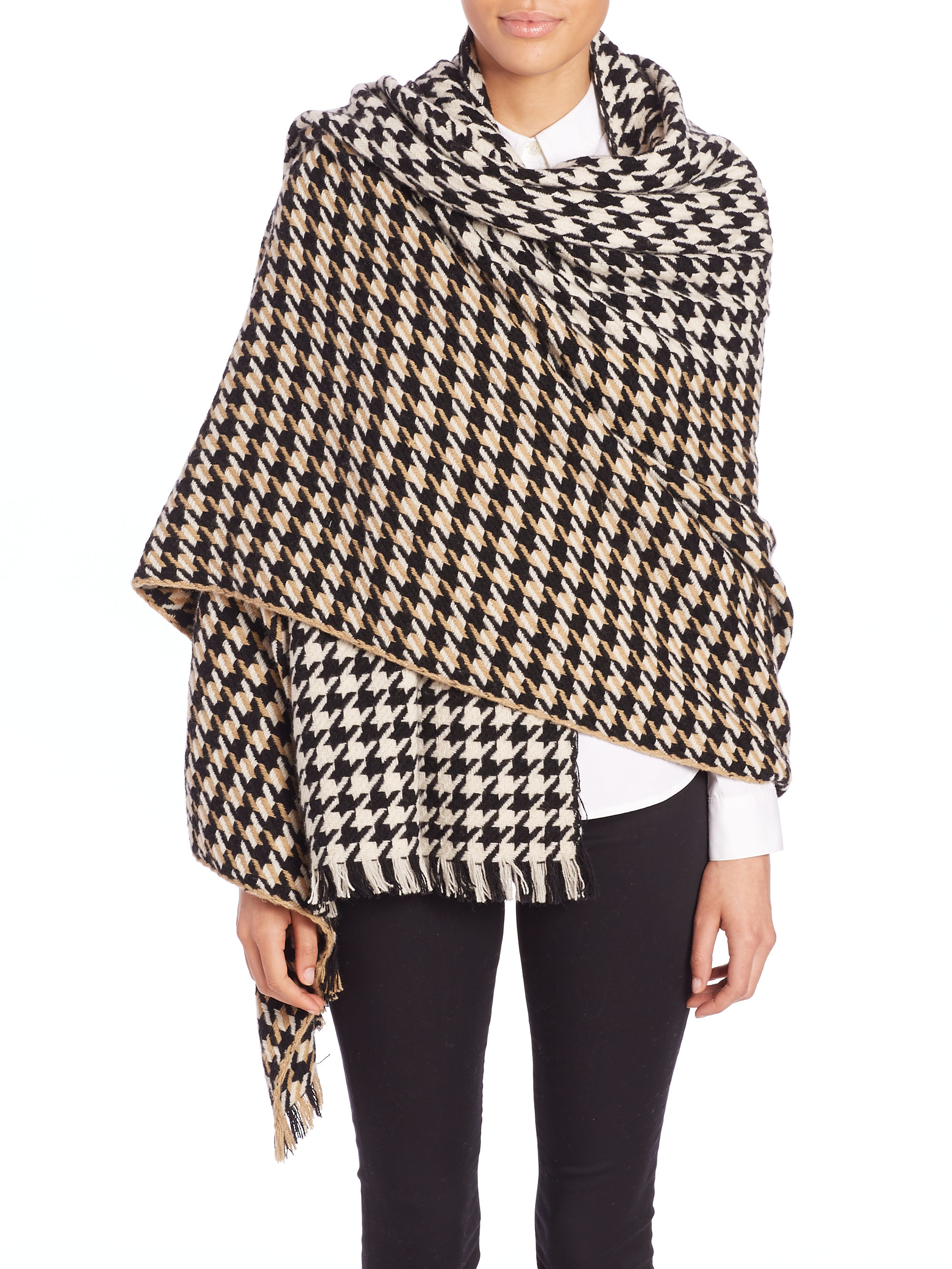 Lyst Yarnz Houndstooth Cashmere & Wool Blanket Scarf in Black