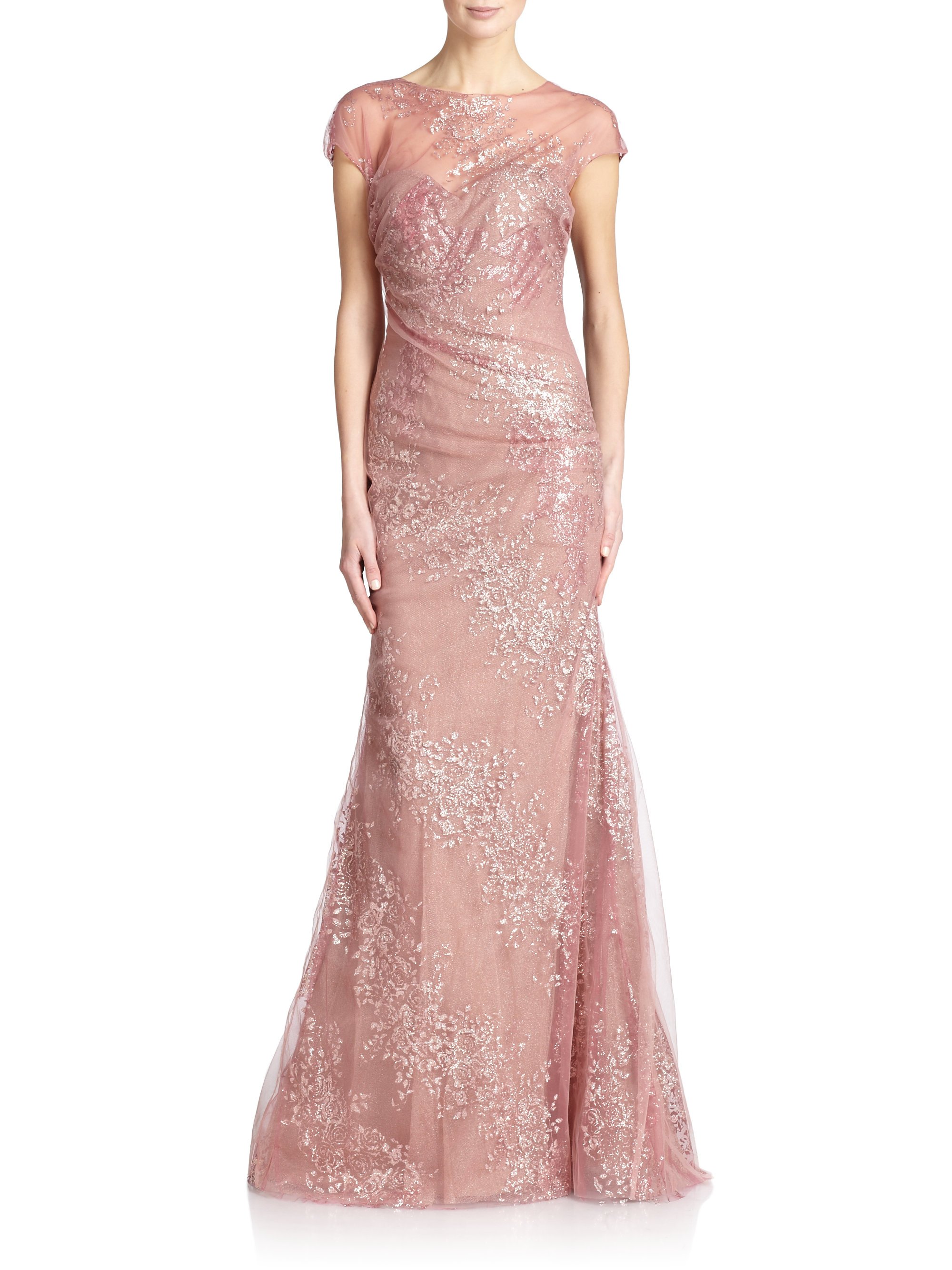 Rene ruiz Draped Cap-sleeve Tulle Gown in Pink | Lyst