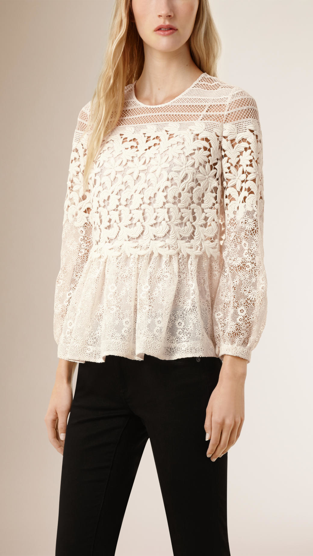 Lyst - Burberry Floral Lace And Mesh Blouse in Natural