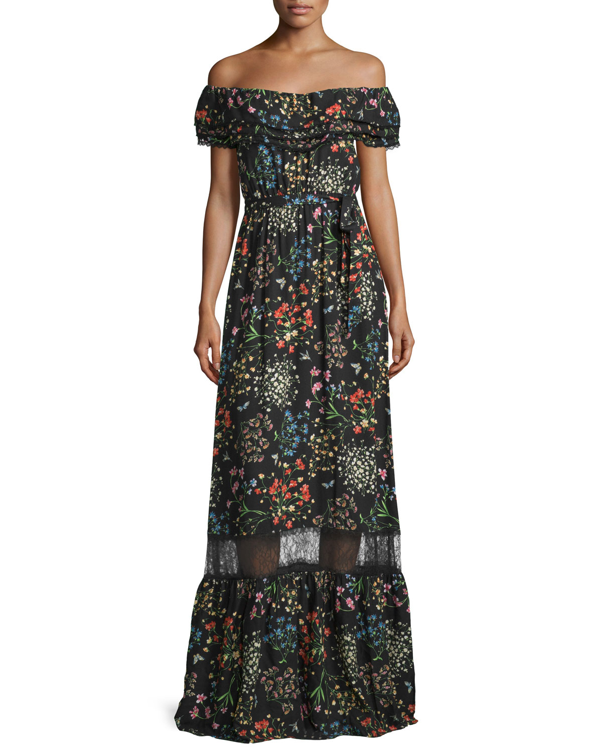 Lyst - Alice + Olivia Cheri Off-the-shoulder Floral Maxi Dress in Black