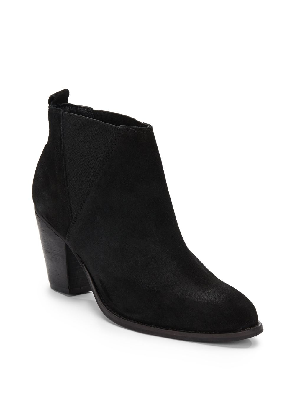CHARLES DAVID VAXIO BLACK SUEDE STRETCH GORE ANKLE BOOTIE WITH STACKED HEEL