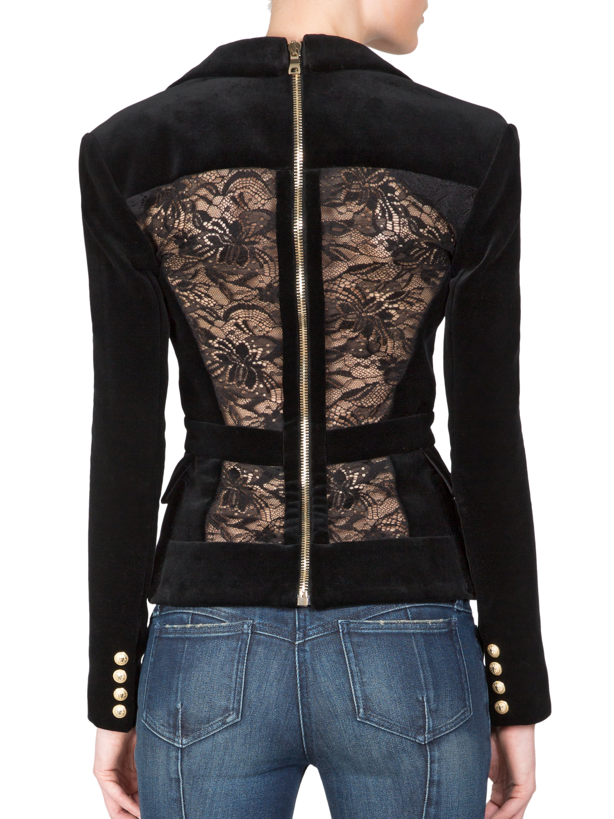 Lyst Balmain Velvet  Lace Back  zip Jacket in Black 