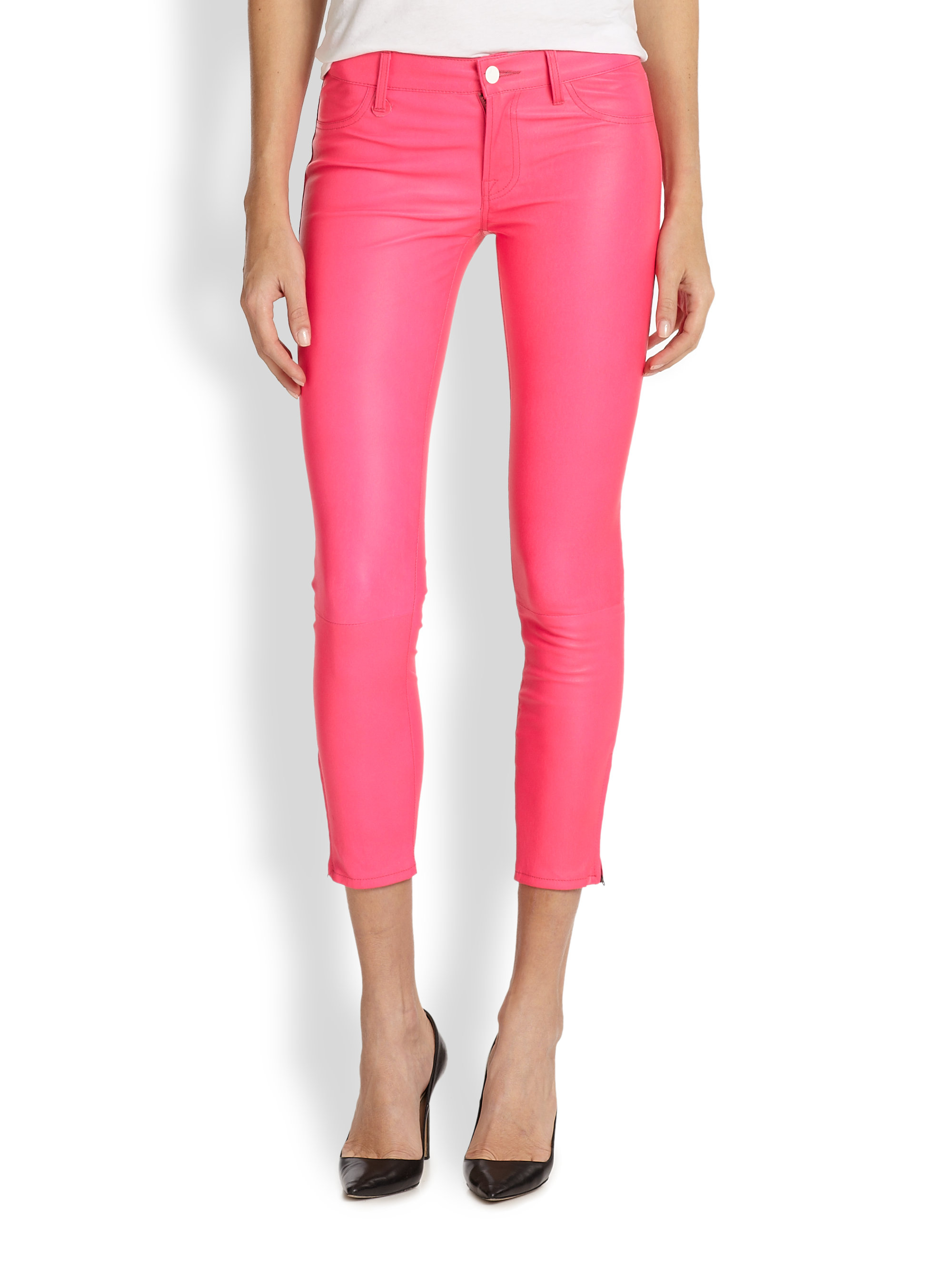 Lyst J Brand Leather Cropped Skinny Jeans In Pink
