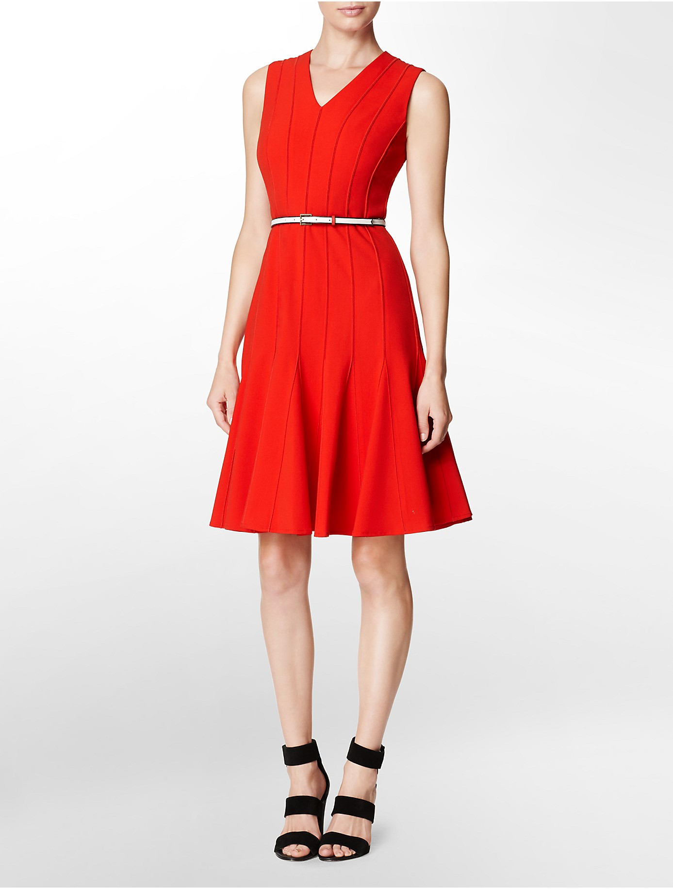 Calvin klein V-Neck Belted Fit + Flare Dress in Red | Lyst