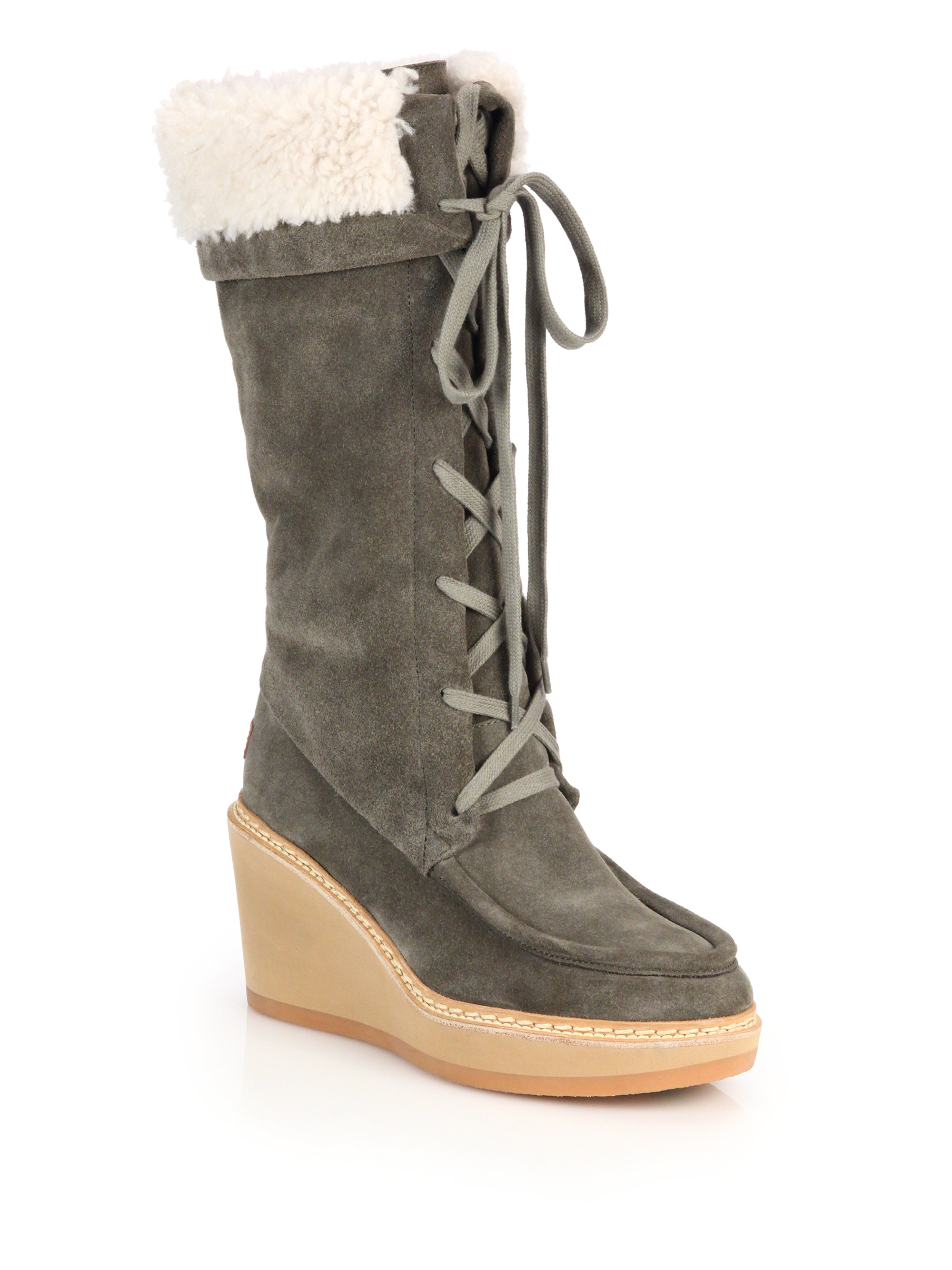 See by chloé Shearlingtrimmed Suede Laceup Wedge Knee Boots in Gray