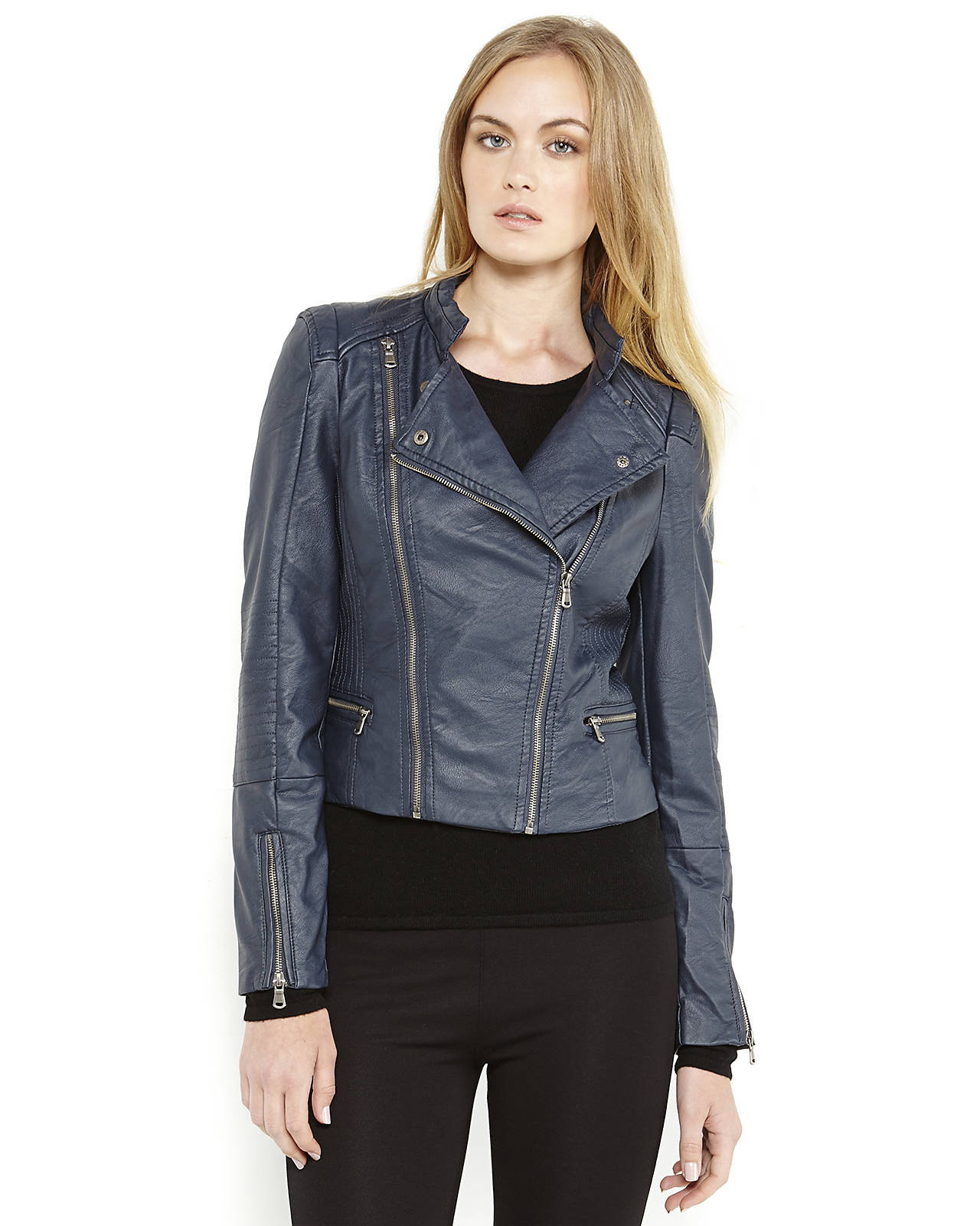 Abs By Allen Schwartz Faux Leather Asymmetrical Jacket In Blue Lyst Abs By Allen Schwartz Women S Blue Faux Leather Asymmetrical Jacket