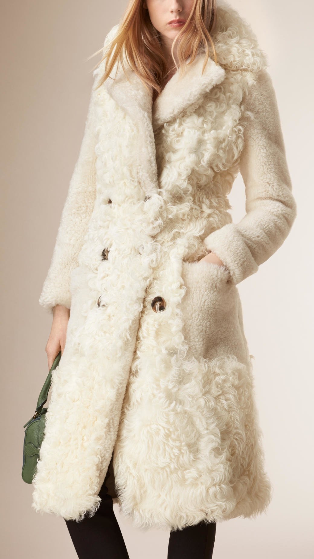 Burberry Fitted Contrast Shearling Coat in White | Lyst
