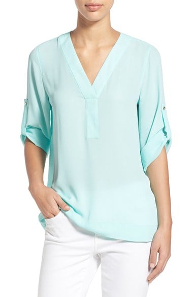 Chaus Roll Sleeve V-neck Blouse in Blue | Lyst