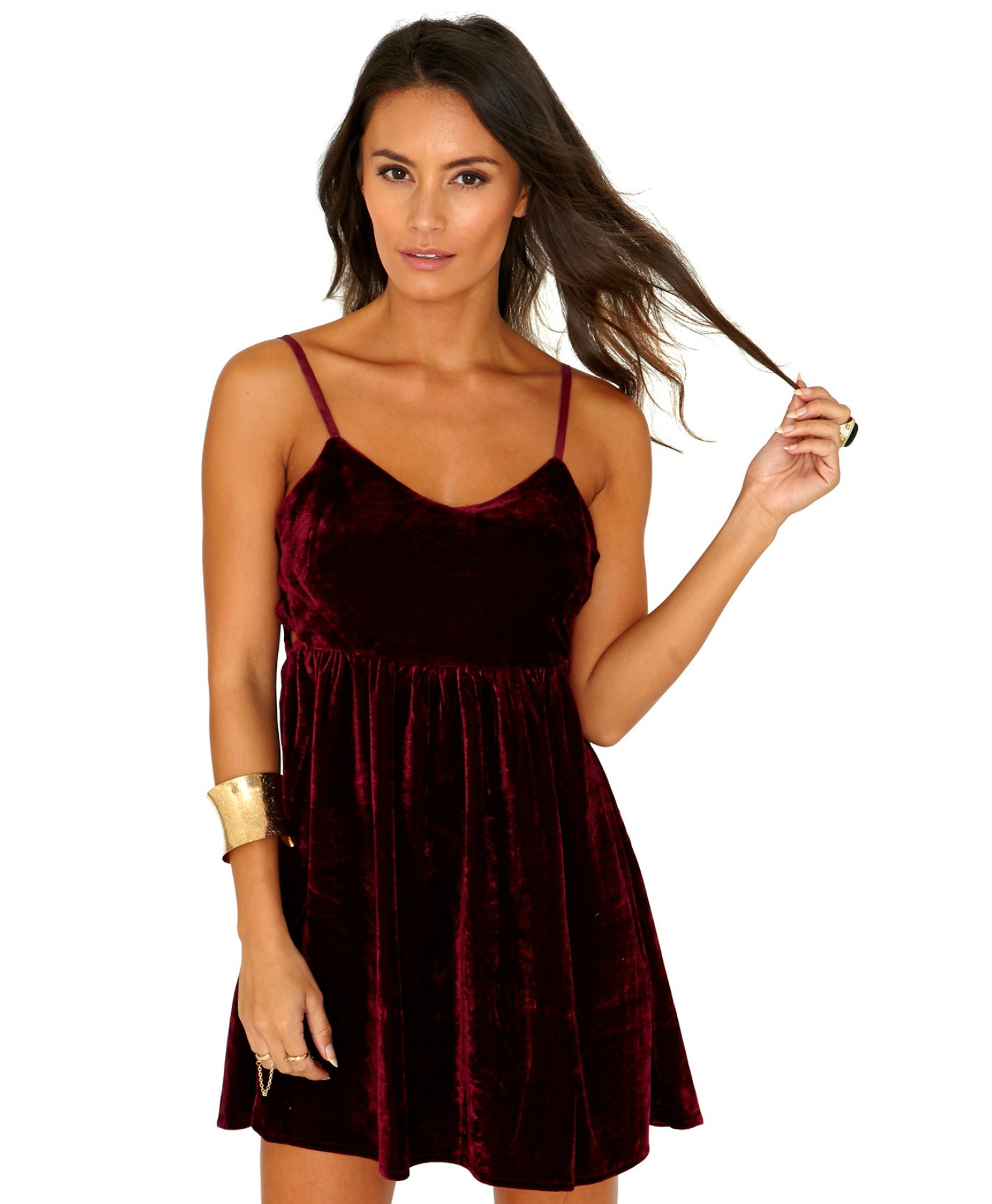 Missguided Augusta Velvet Strappy Side Skater Dress in Burgundy in Red ...