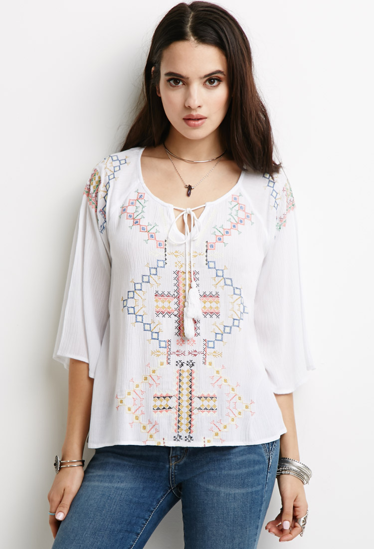 Lyst - Forever 21 Embroidered Gauze Peasant Top in White