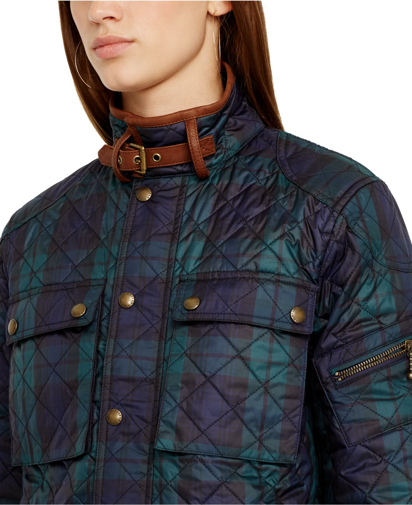 Polo ralph lauren Leather-trim Quilted Plaid Jacket in Blue | Lyst