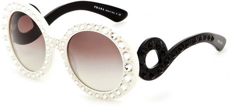 Prada Crystalembellished Roundframe Sunglasses in White | Lyst