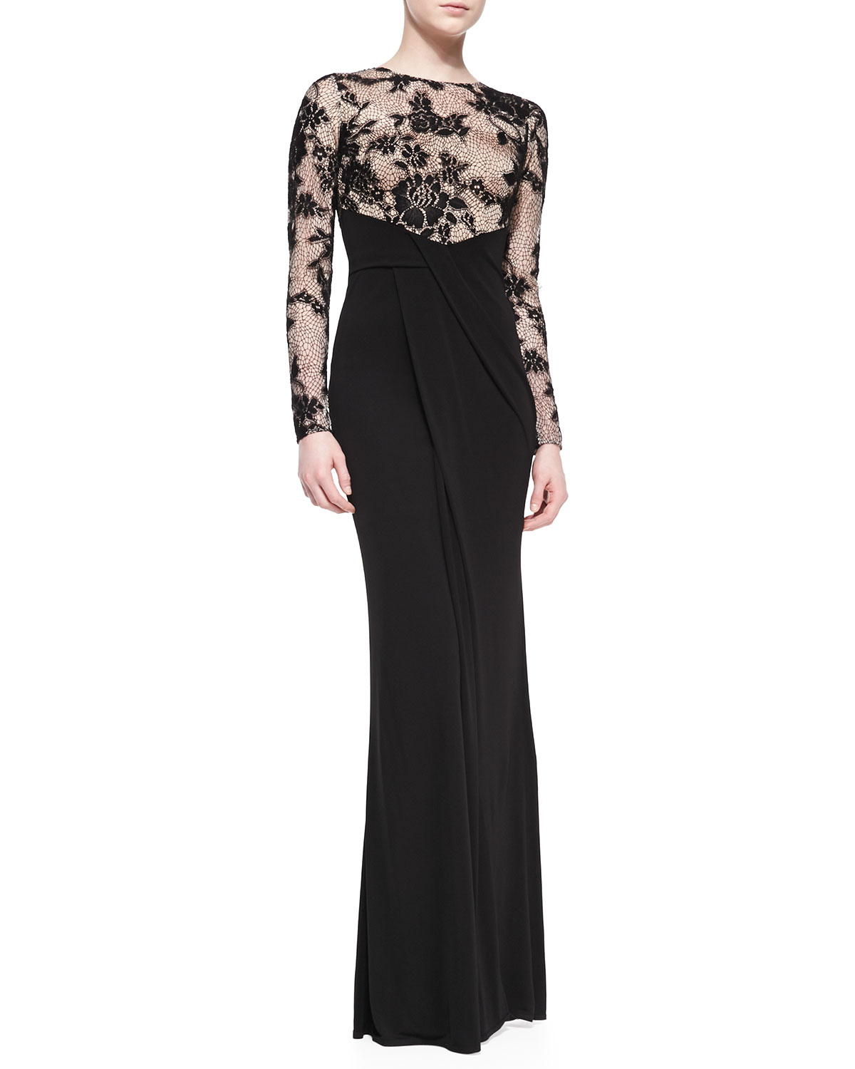 Lyst - David Meister Long-Sleeve Illusion Lace Gown in Black