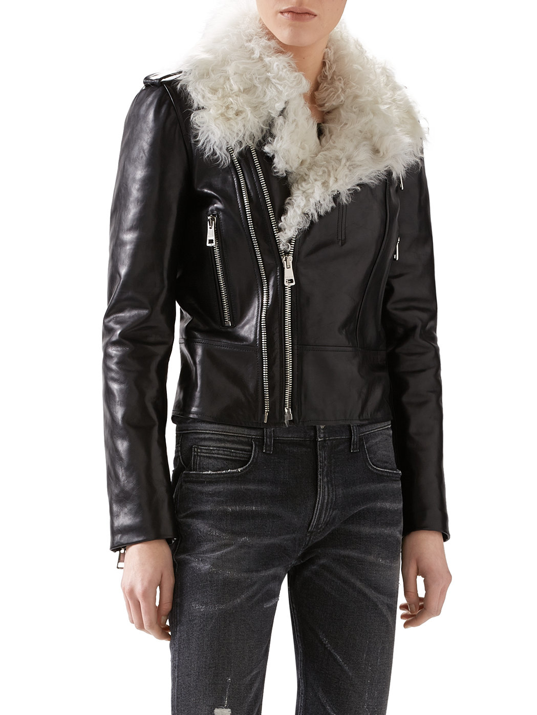 Gucci Leather Shearling Biker Jacket In Black Lyst Gallery