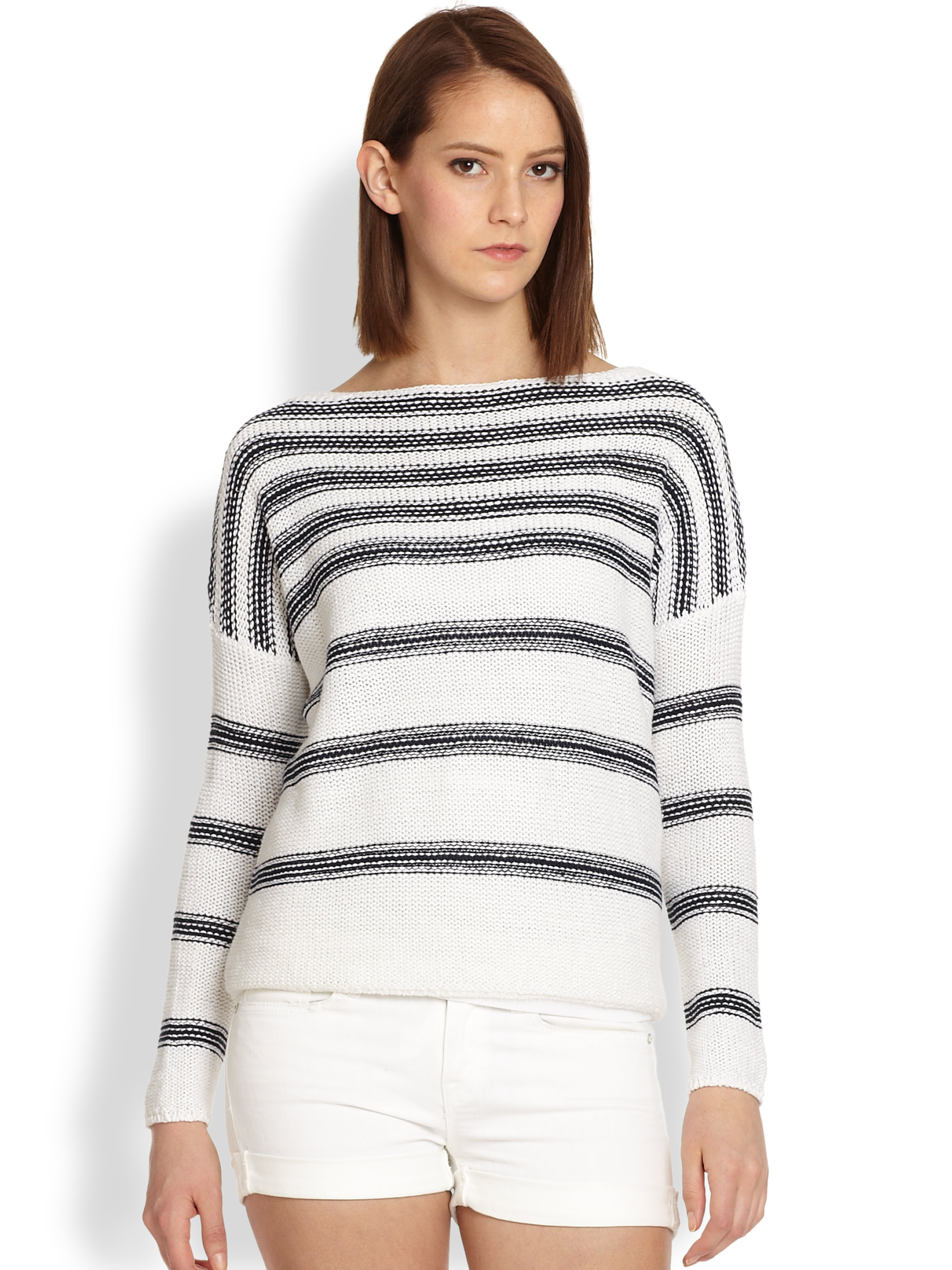 Vince Striped Linen Sweater in White | Lyst