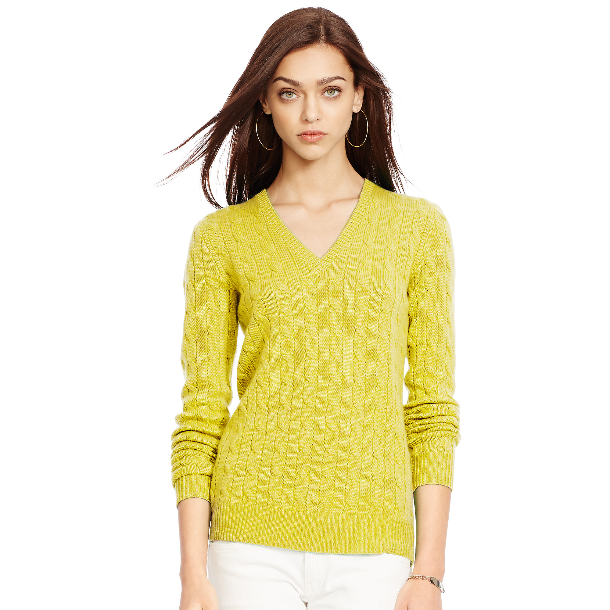 Polo ralph lauren Cabled Cashmere V-neck Sweater in Yellow | Lyst