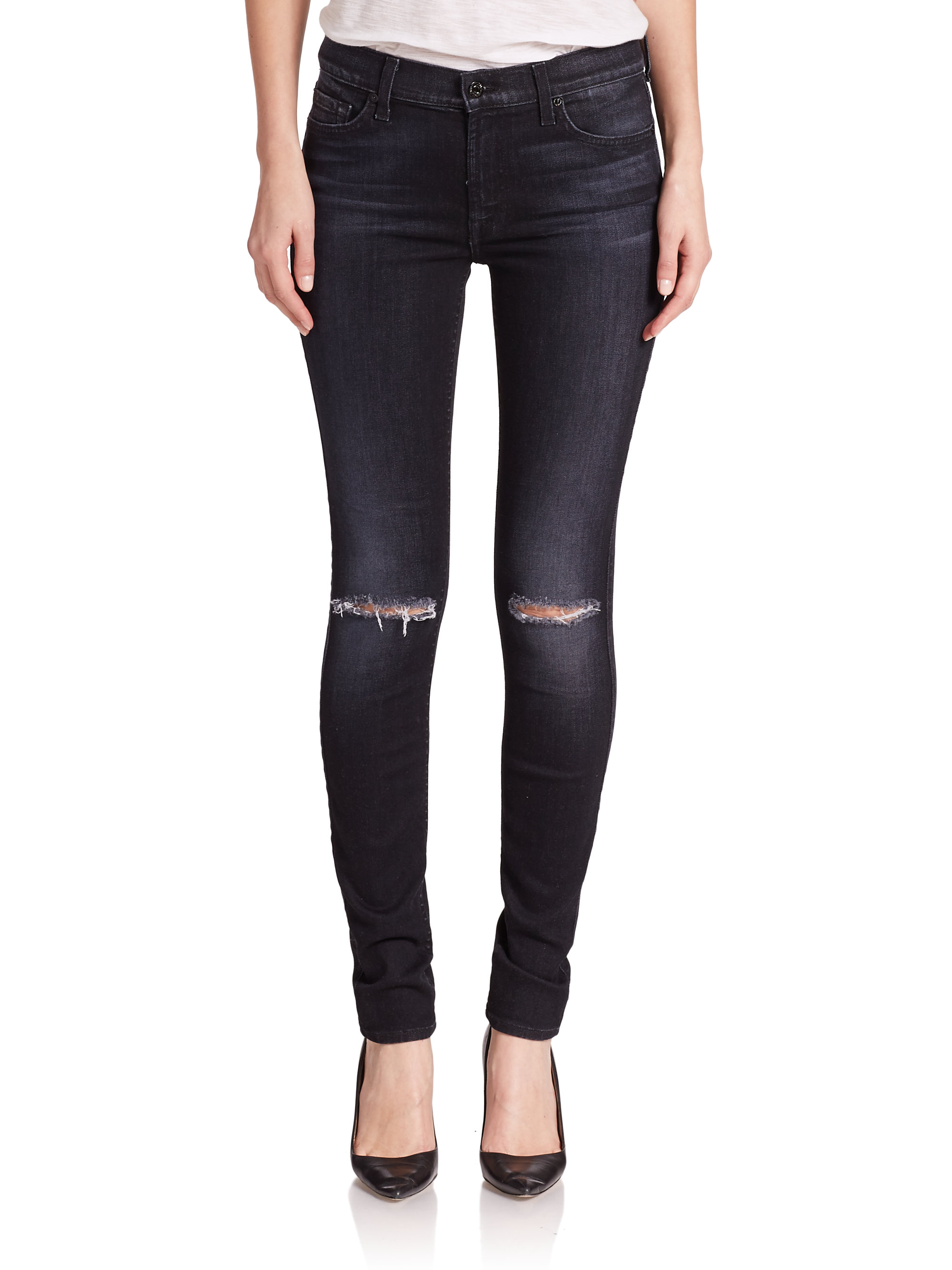 Lyst - 7 For All Mankind Distressed Skinny Jeans in Black