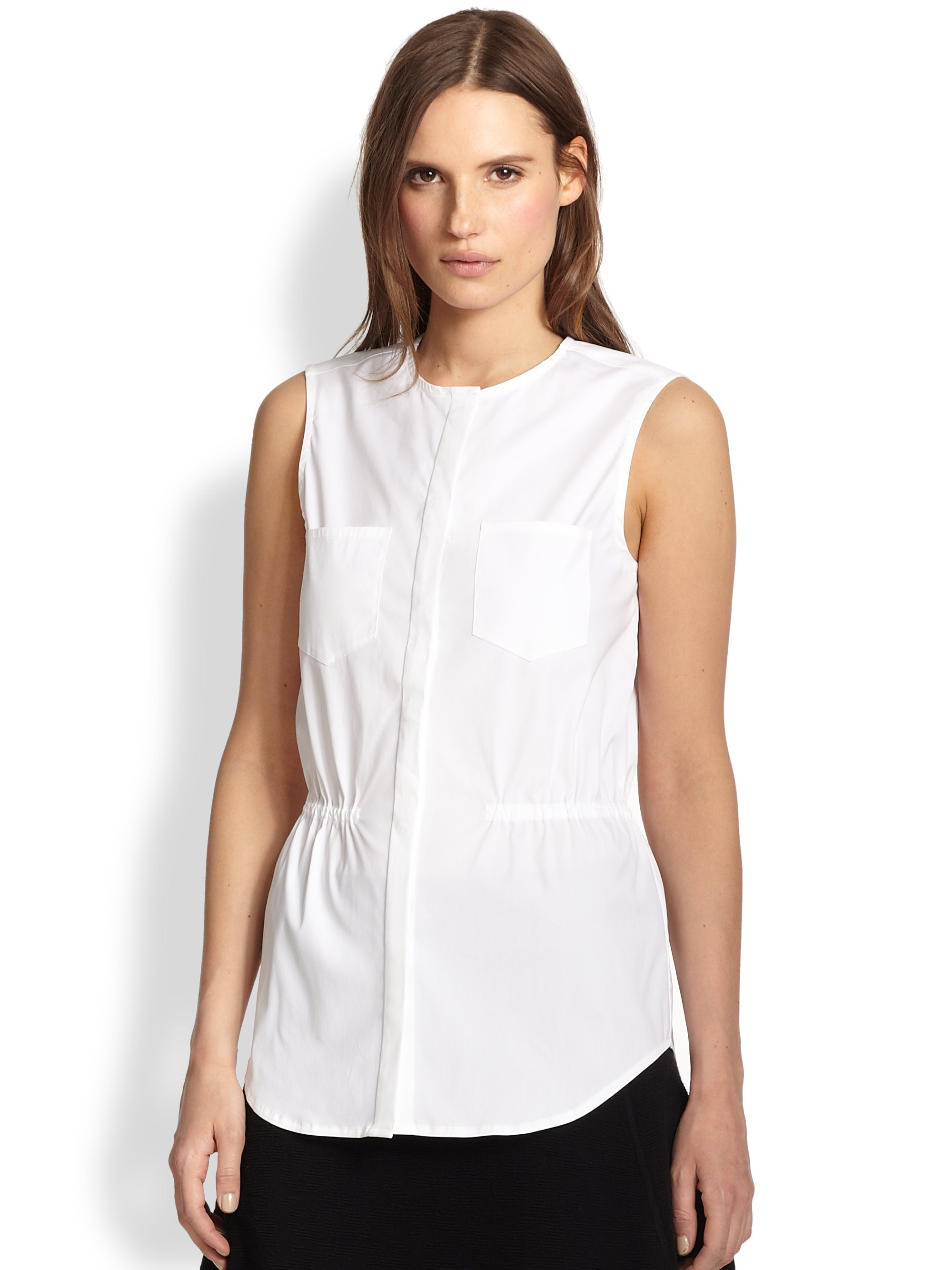 Lyst - Theory Kenan Gathered-Waist Sleeveless Shirt in White