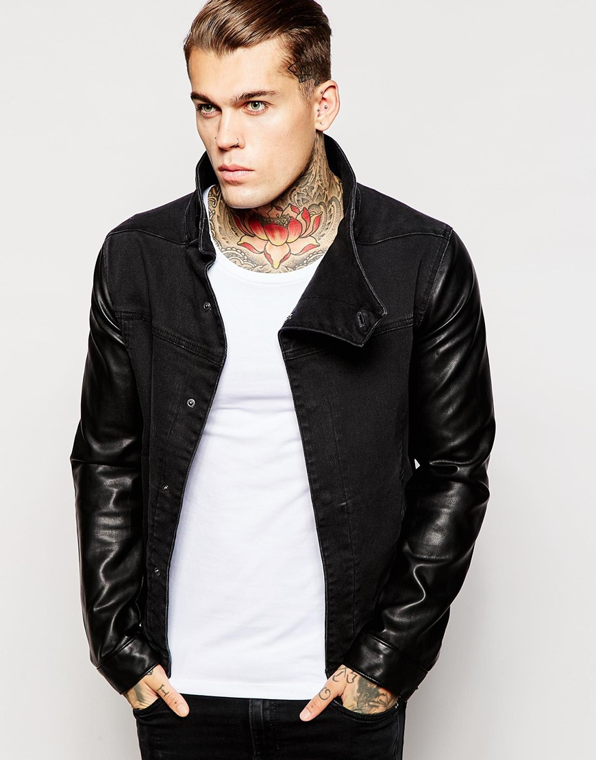 Lyst - Asos Denim Jacket With Faux Leather Sleeves in Black for Men