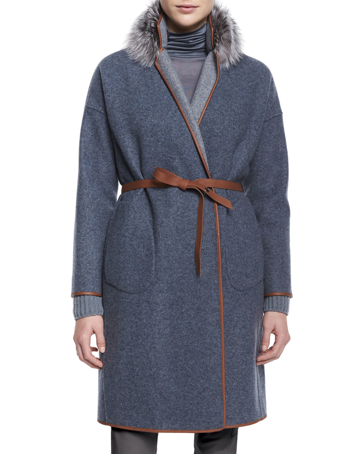 Lyst - Loro piana Fox Fur-Collar Reversible Belted Coat in Blue