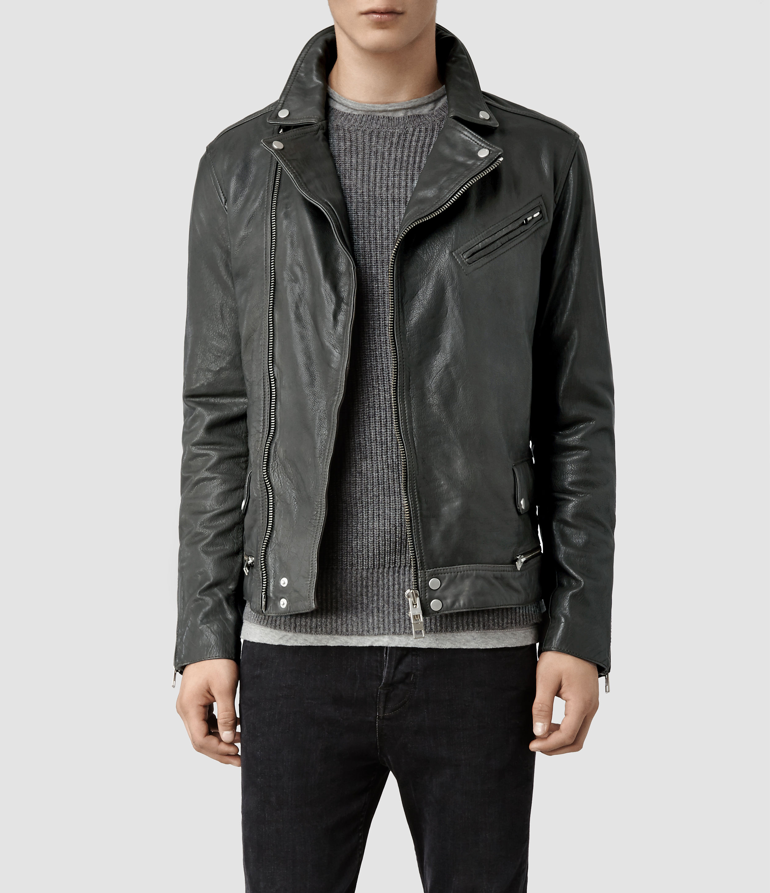 Allsaints Akira Leather Biker Jacket In Gray For Men Lyst Gallery Men S Barbour Beaufort The