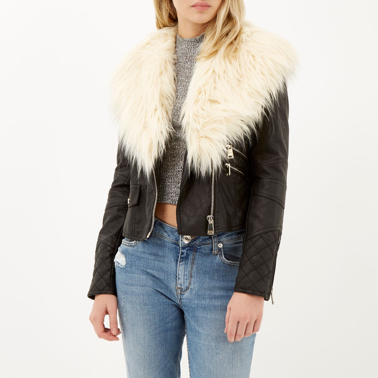 River Island Black Leather Look Faux Fur Trim Biker Jacket In Gallery