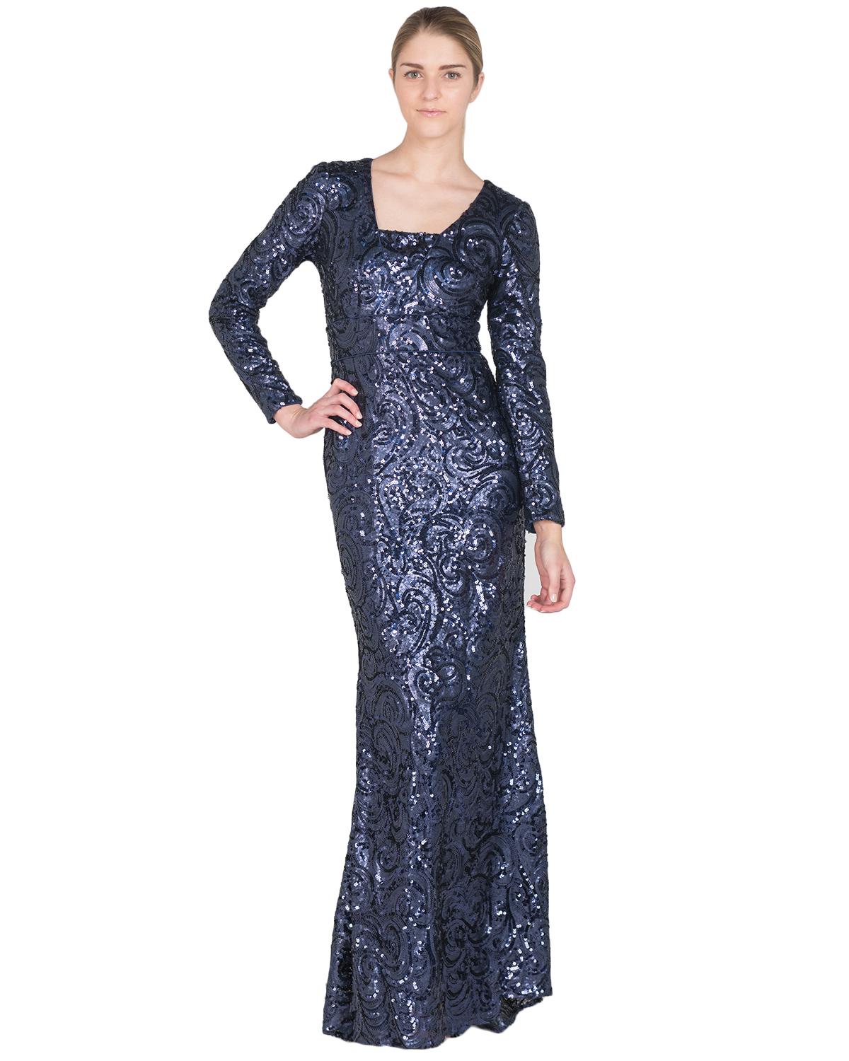 badgley mischka long sleeve sequin gown