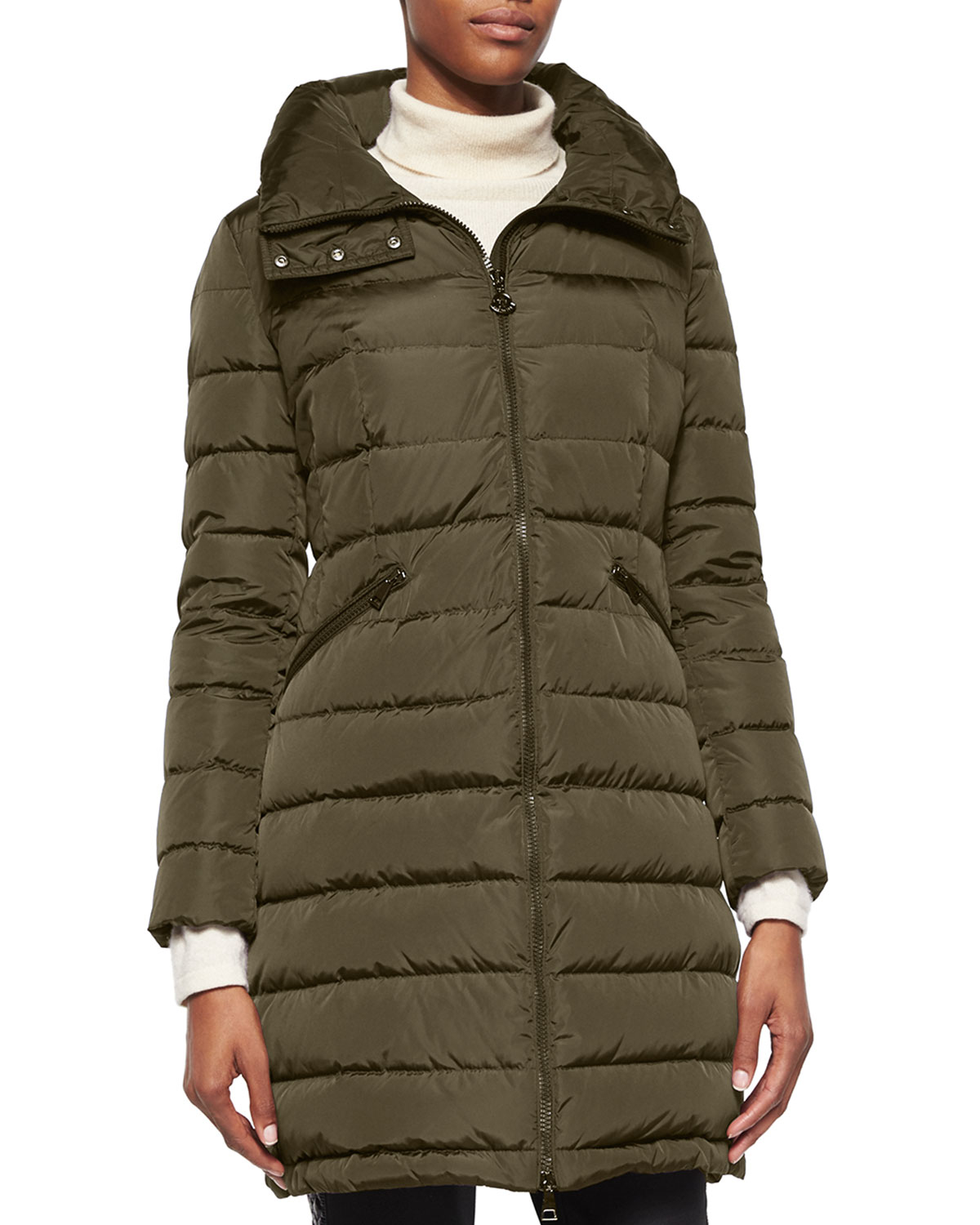 moncler flammette high-neck puffer coat beige moncler flammette high-neck puffer coat beige
