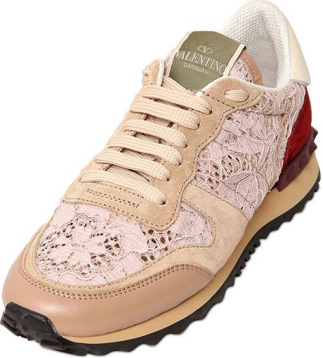 Valentino 20mm Suede Lace and Stud Sneakers in Pink (BLUSH) | Lyst