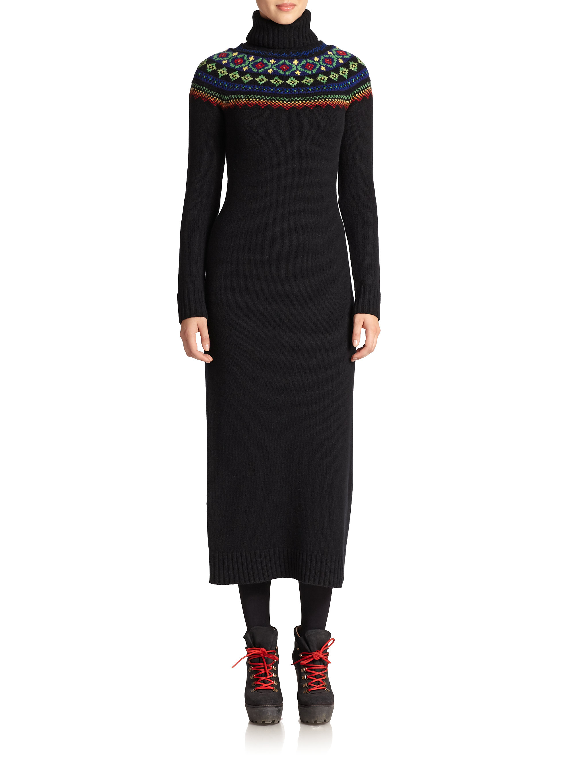 Polo ralph lauren Wool Fair Isle Turtleneck Dress in Black | Lyst