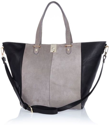 River Island Grey Leather and Suede Twotone Tote Bag in Black (grey) | Lyst