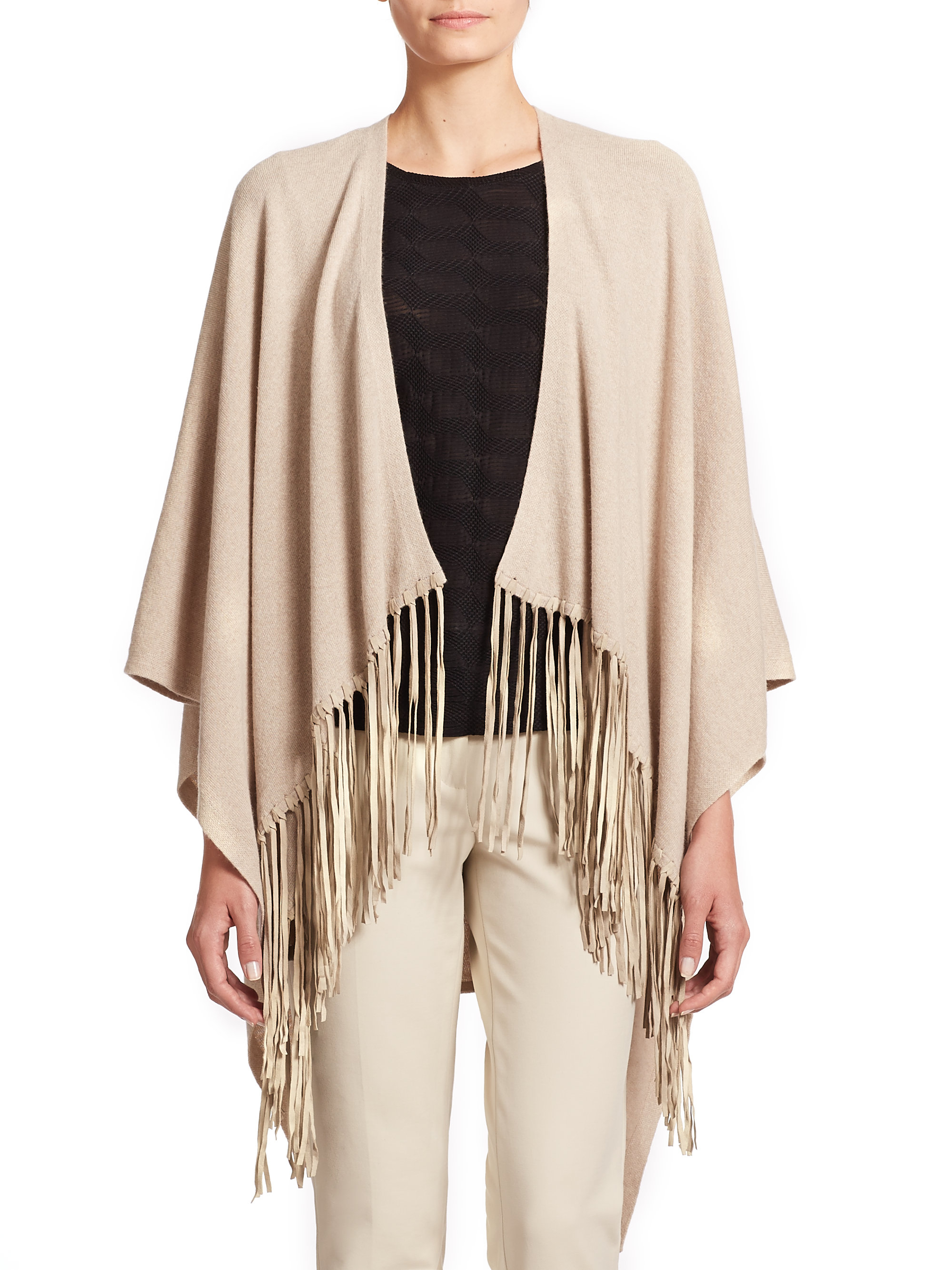 Armani Suedefringe Knit Poncho in Natural Lyst