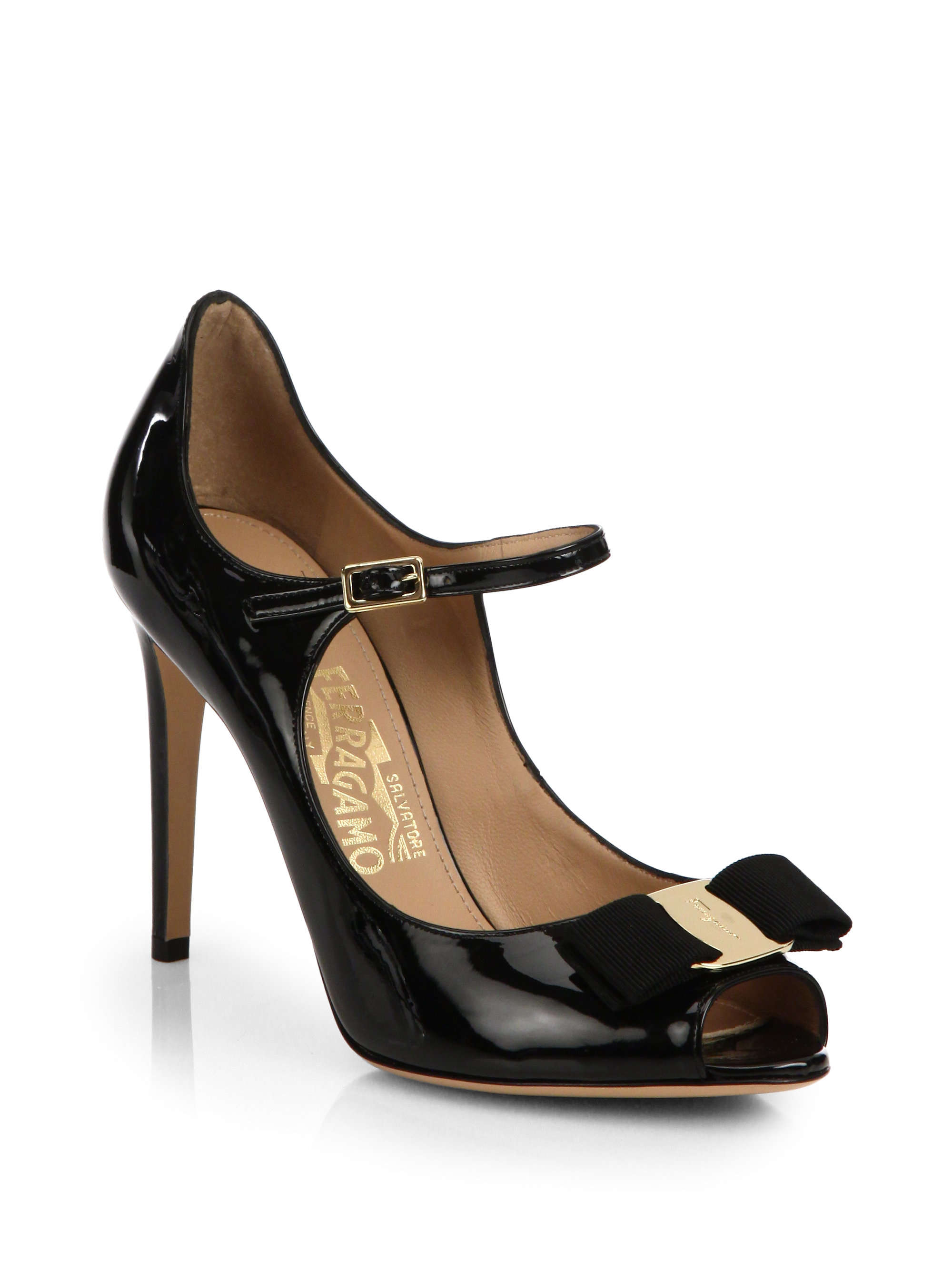 Lyst Ferragamo Mood Patent Leather Peeptoe Mary Jane Pumps in Black