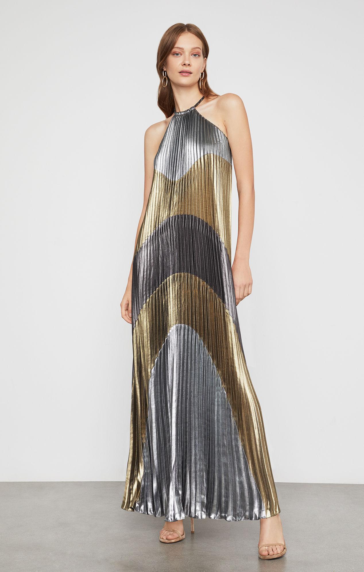 bcbg metallic colorblocked pleated gown