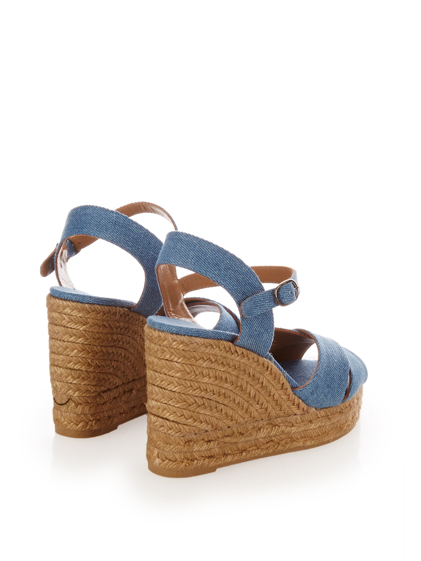 light blue denim wedges