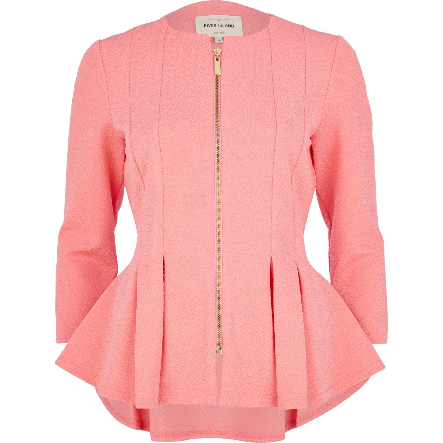 River Island Bright Pink Textured Jersey Peplum Jacket in Pink | Lyst