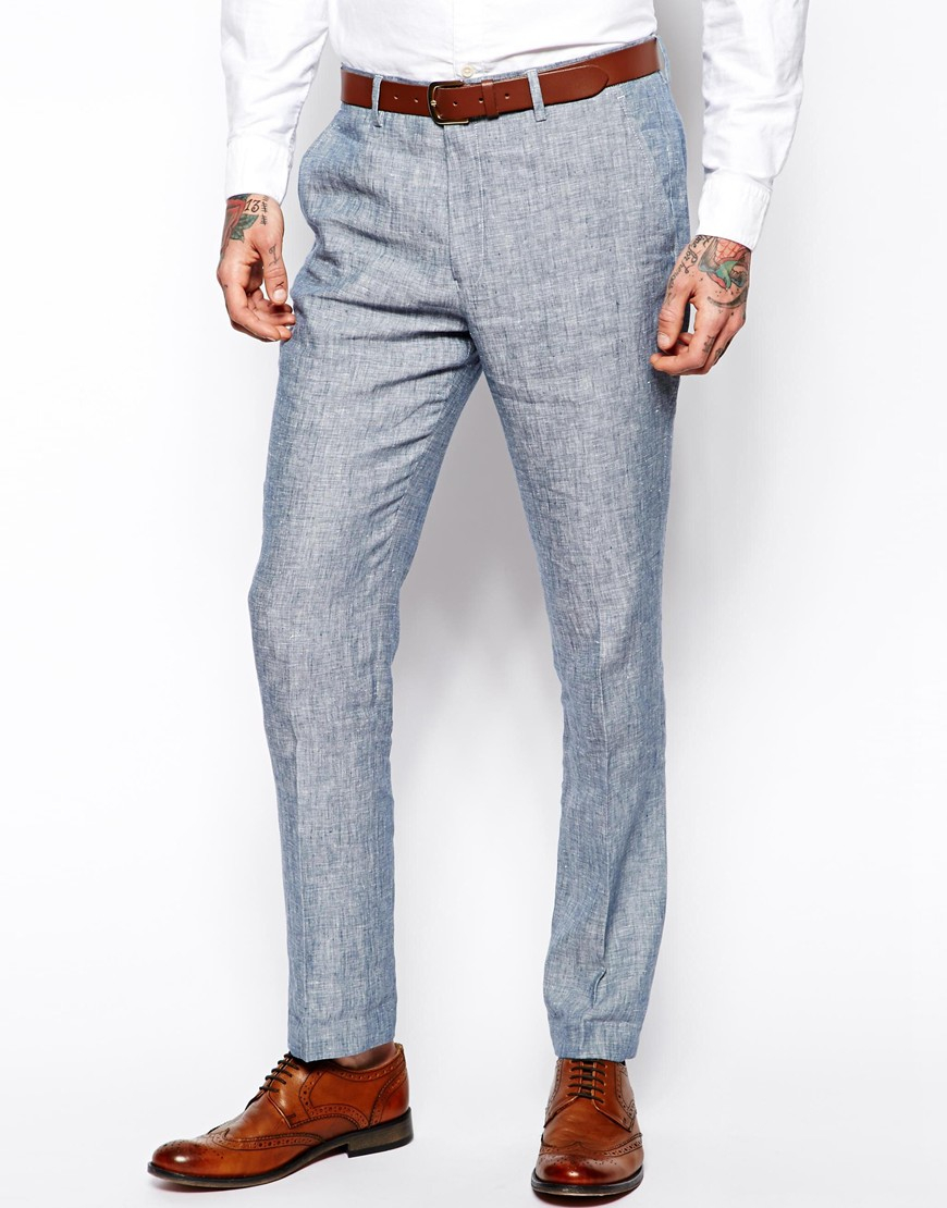 Asos Slim Fit Smart Trousers In Linen in Blue for Men | Lyst