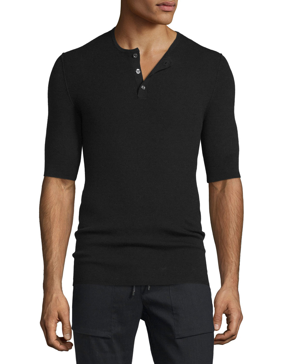 Vince Ribbed Short-sleeve Wool-silk Henley Shirt in Black for Men | Lyst