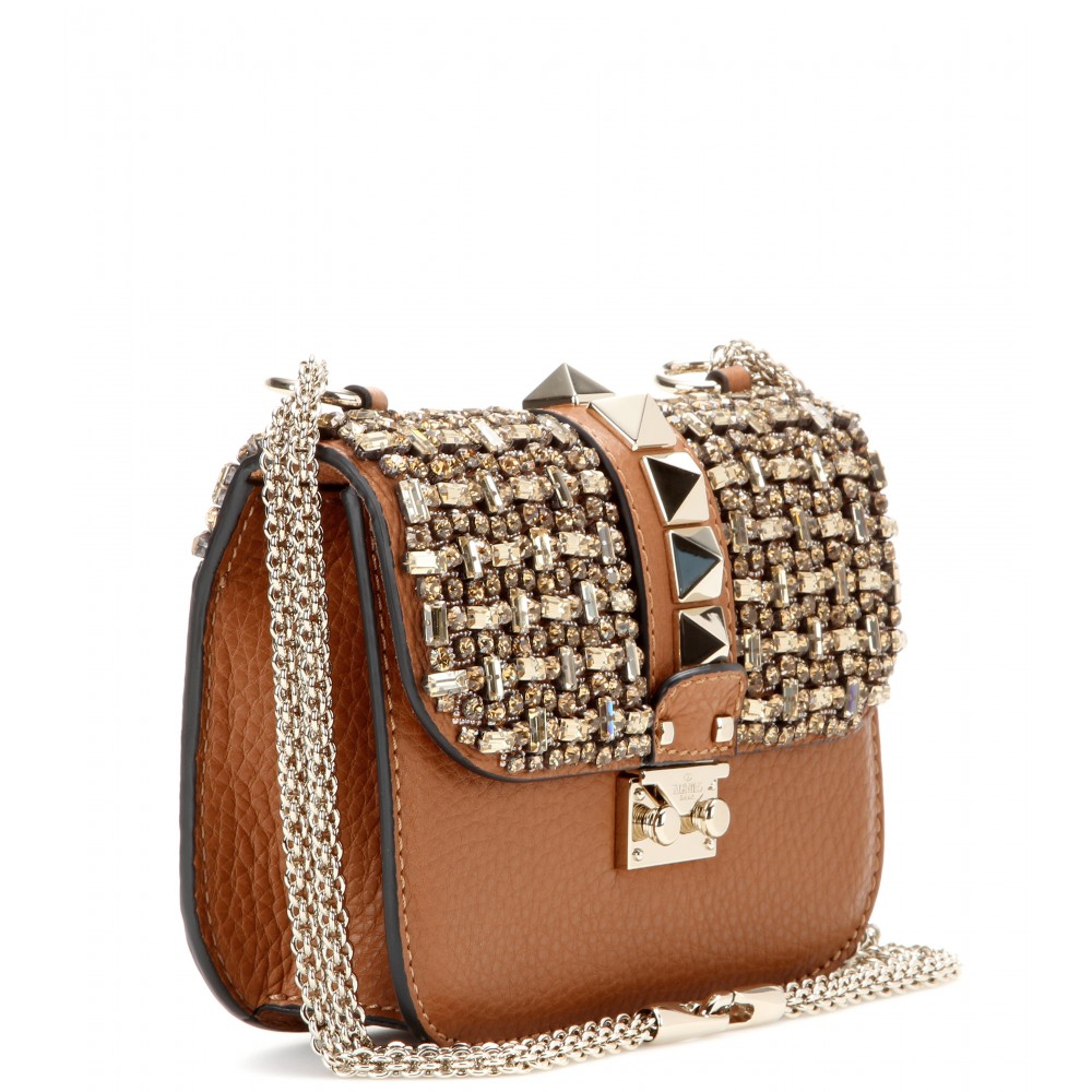 Valentino Lock Small Embellished Leather Shoulder Bag in Gray (brown) | Lyst