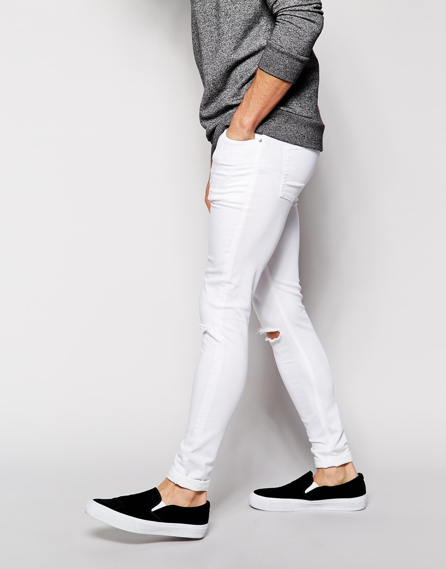 Lyst Asos Extreme Super Skinny Jeans With Knee Rips In White For Men