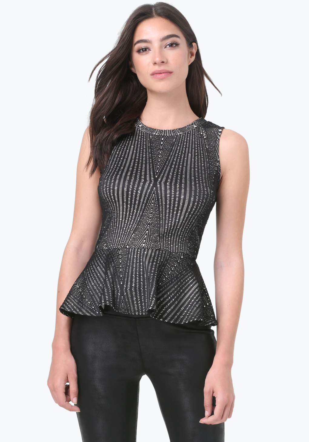 Open back peplum top Charlotte Russe Open Back Peplum Top Textured crepe knit sculpts a striking top with charming details. This sleeveless top features a V-neckline, knotted detail and sexy open back.