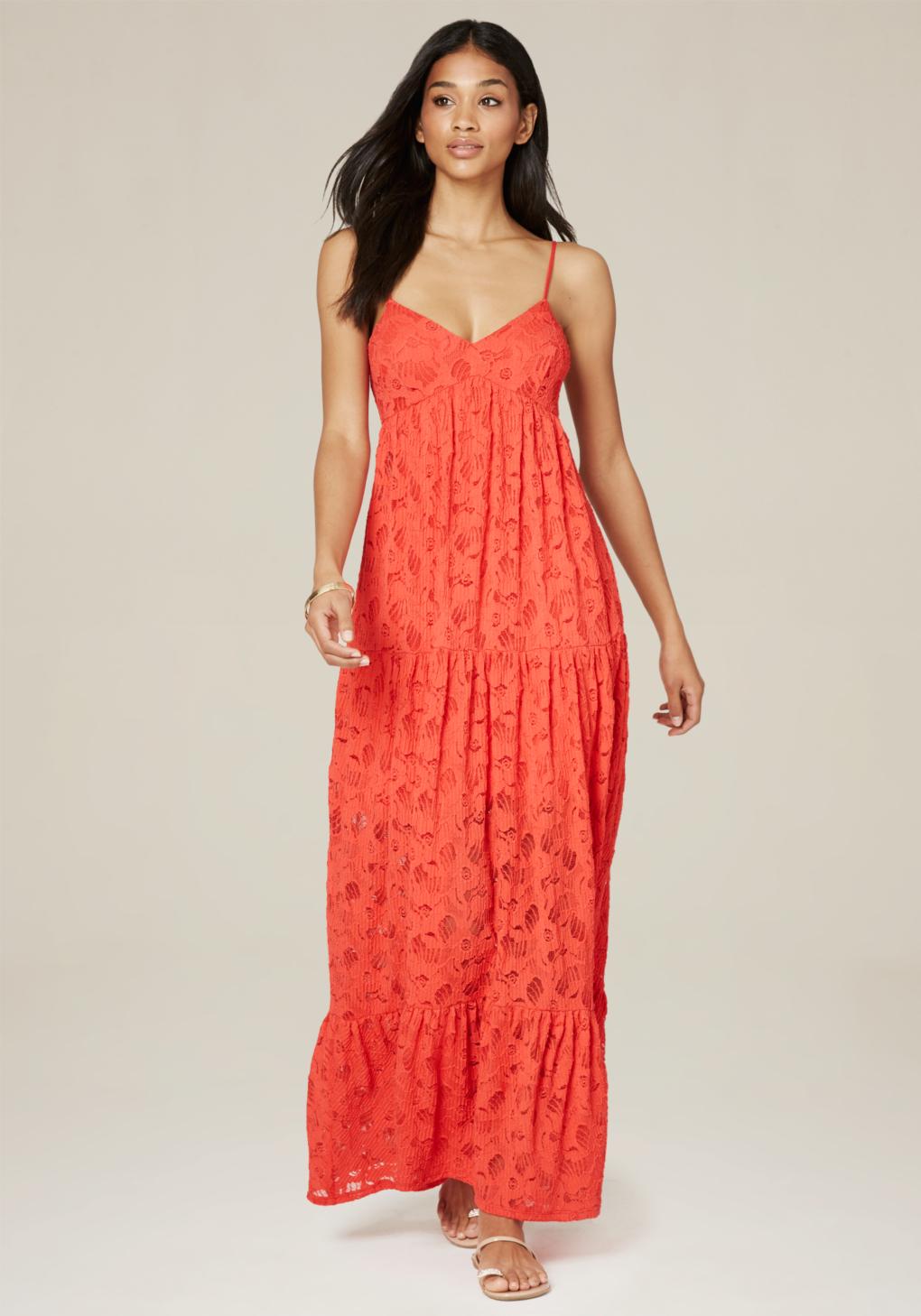 Lyst - Bebe Lace Tiered Maxi Dress in Red