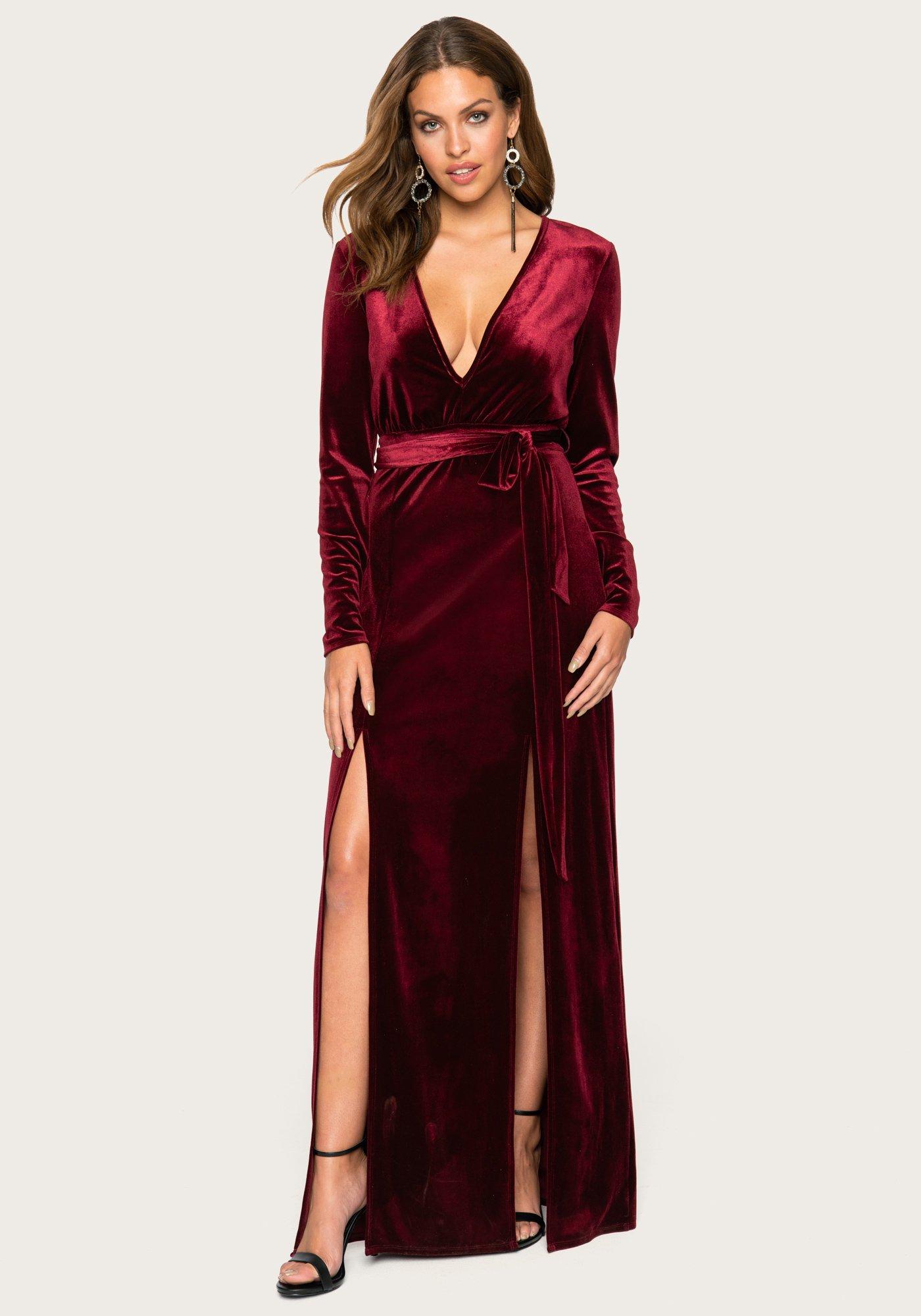 Bebe Velvet Double Slit Maxi Dress in Red - Lyst