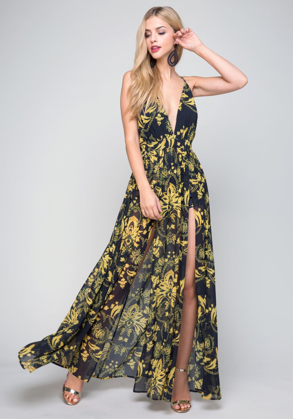 Lyst - Bebe Print Deep V Maxi Dress in Green