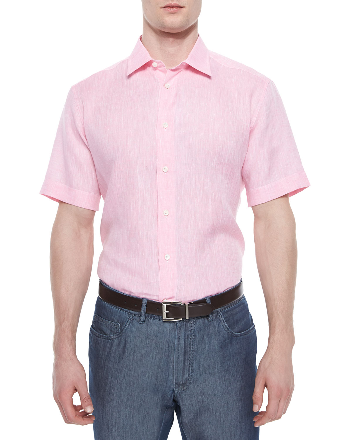 Brioni Short-sleeve Linen Shirt in Pink for Men | Lyst