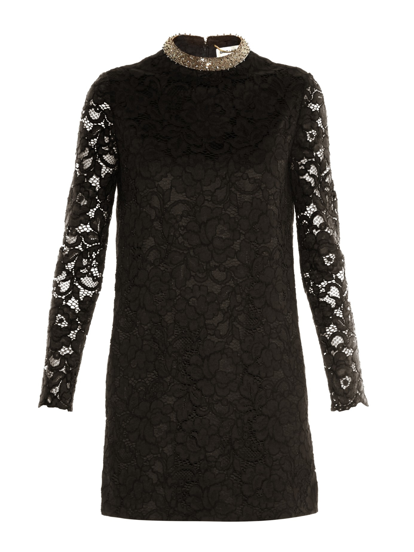 Lyst - Saint Laurent Crystal-Collar Lace Dress in Black