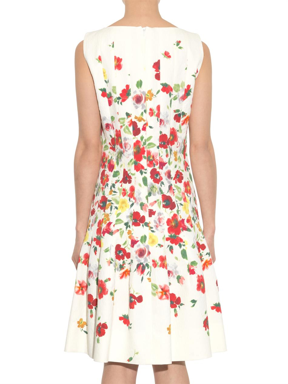 Oscar de la renta Floral-Print Textured Cotton Dress in White | Lyst