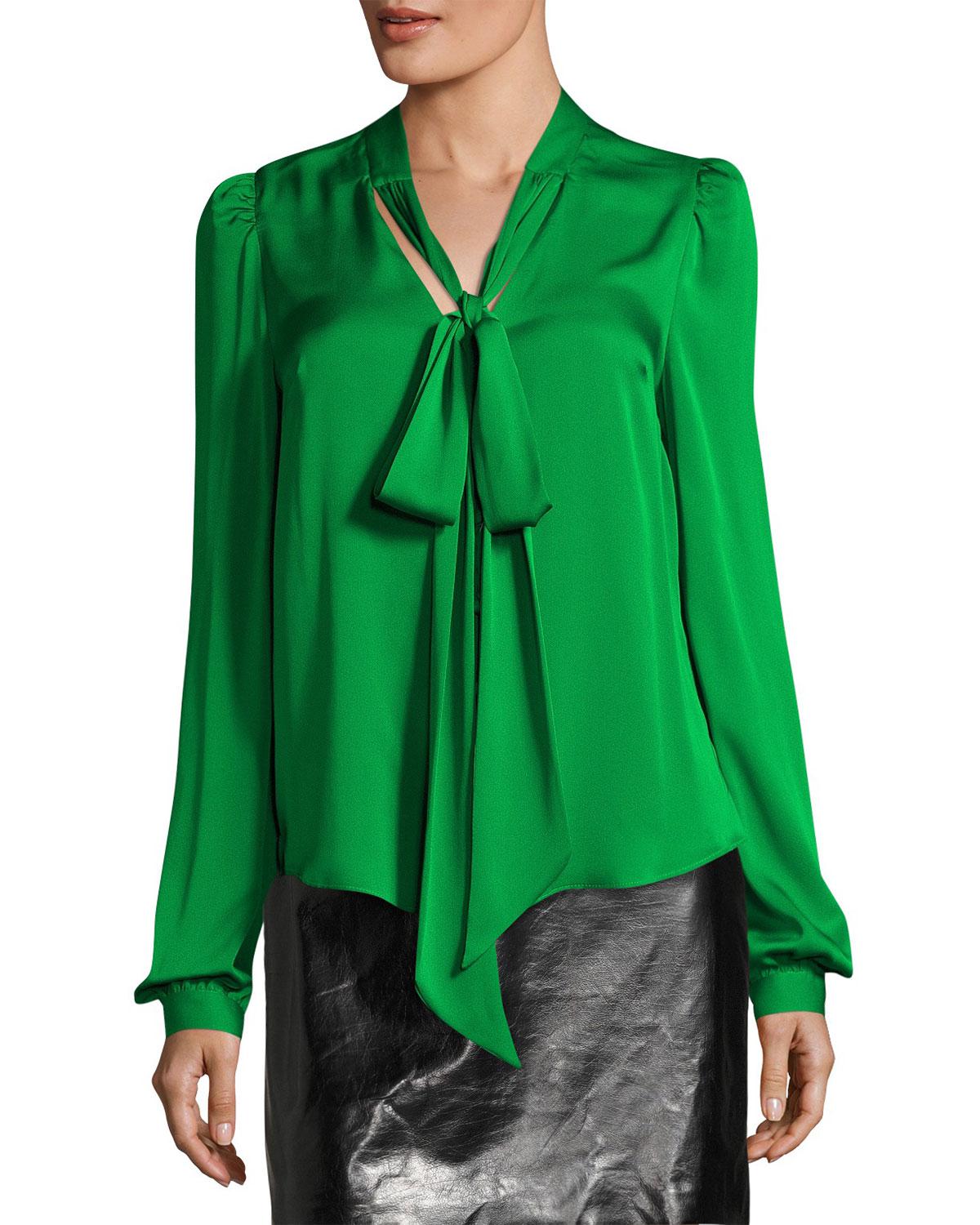 Lyst - Milly Long-sleeve Tie-neck Stretch-silk Blouse in Green