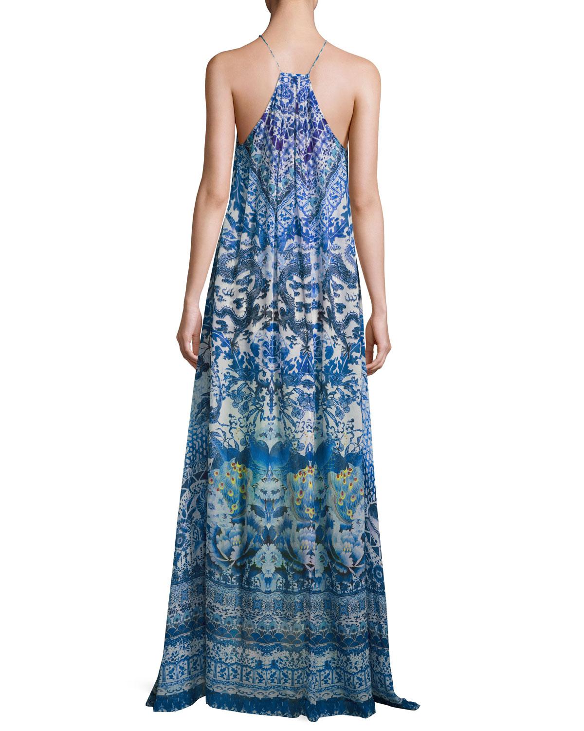 Lyst - Camilla High-neck Embellished Silk Maxi Dress in Blue